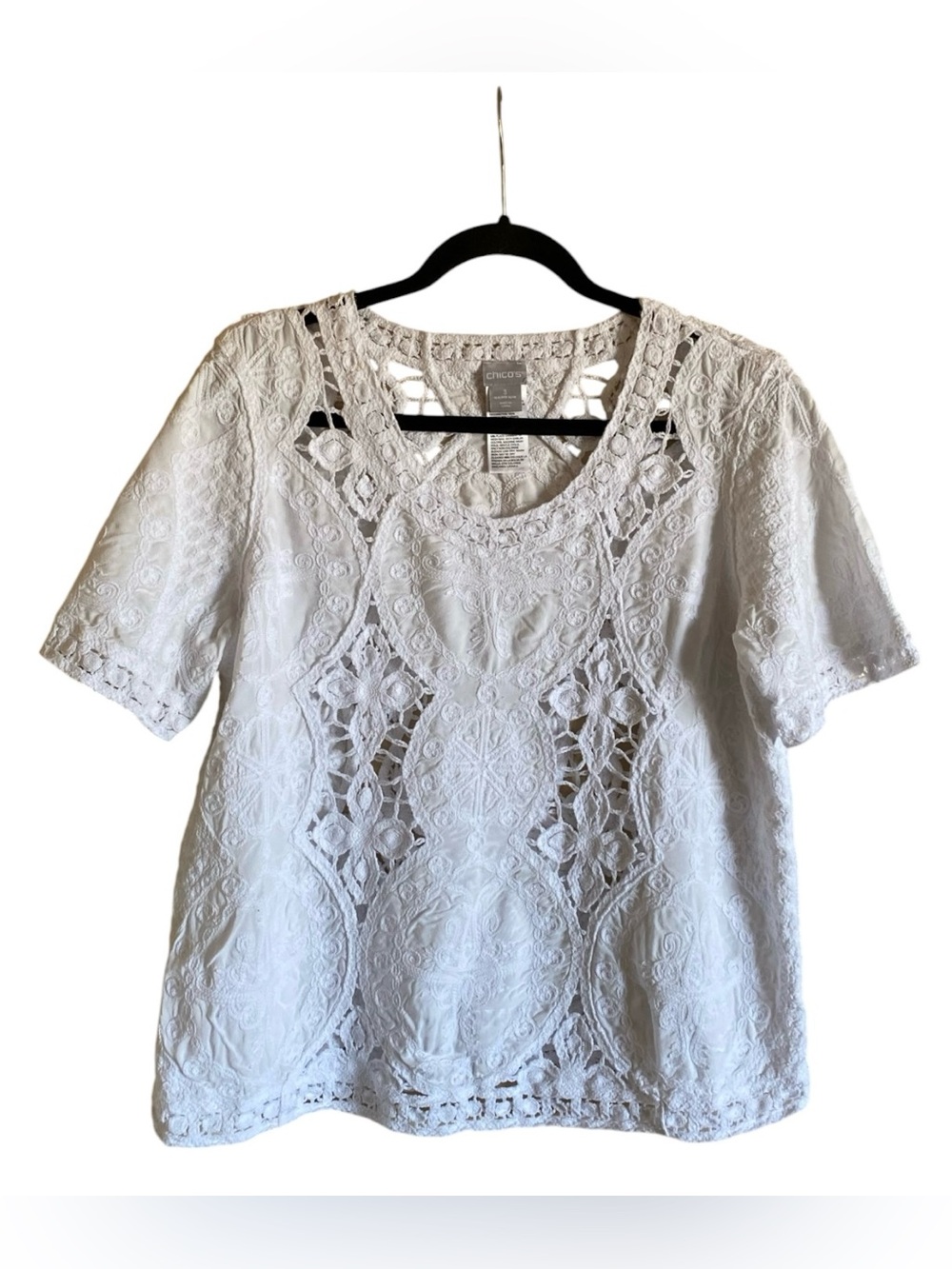 Chico's white Battenburg lace and crochet openwork short-sleeve blouse 3